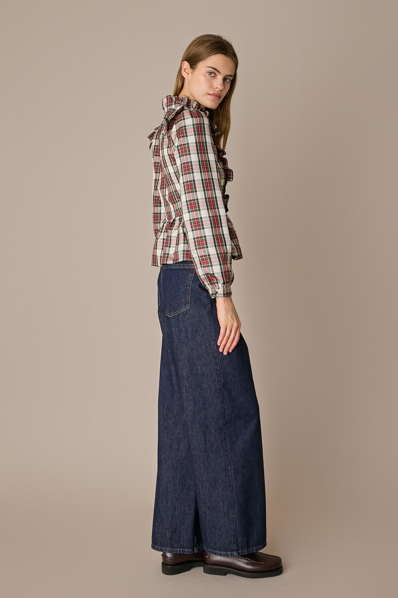 Camicia in seta tartan con rouches tartan verde
