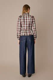 Camicia in seta tartan con rouches tartan verde in seta, volant