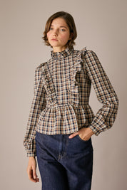 Camicia in seta tartan con rouches