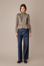 Camicia in seta tartan con rouches