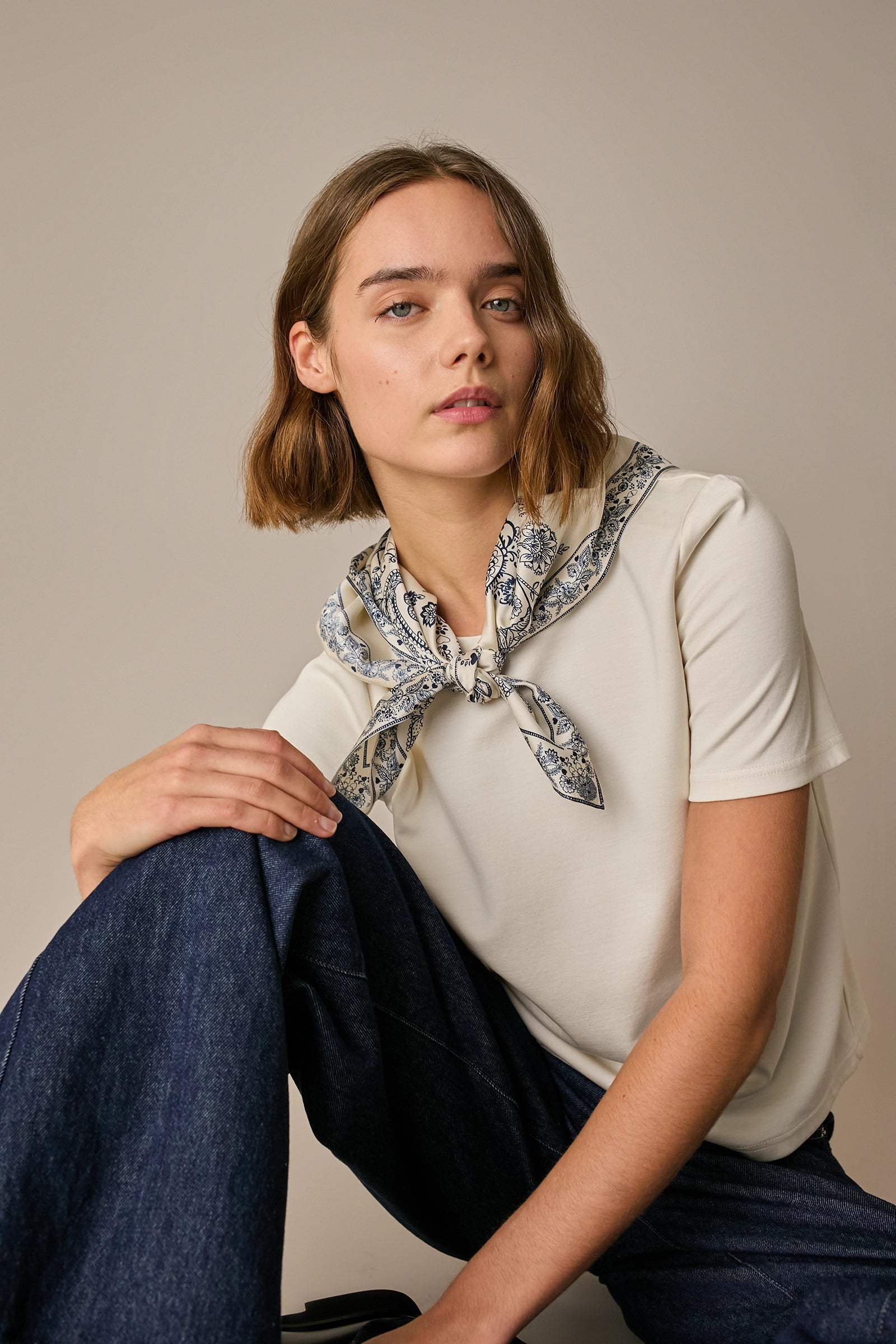 Silk and cotton T-shirt with scarf detail