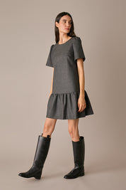 abito pied-de-poule con balza pied de poule grigio, minigonna con balza