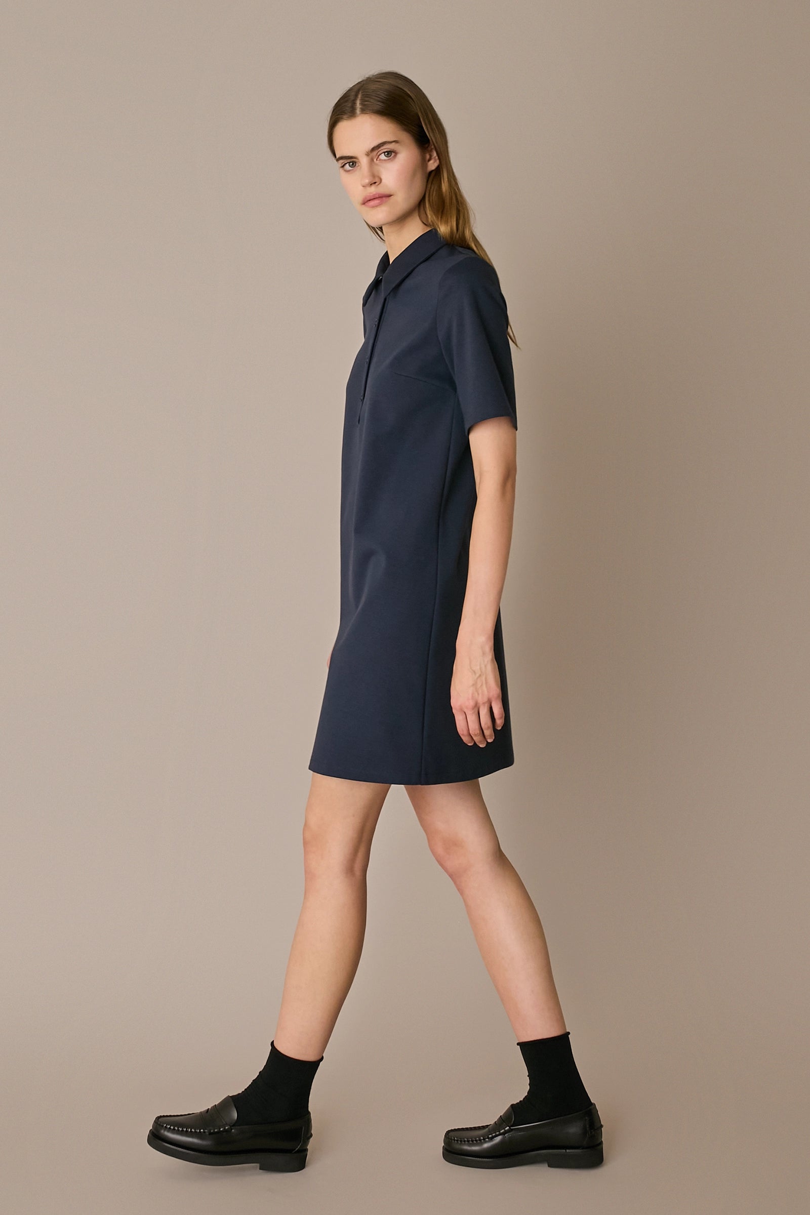 Abito polo in jersey di cotone blu navy, mezze maniche in cotone jersey