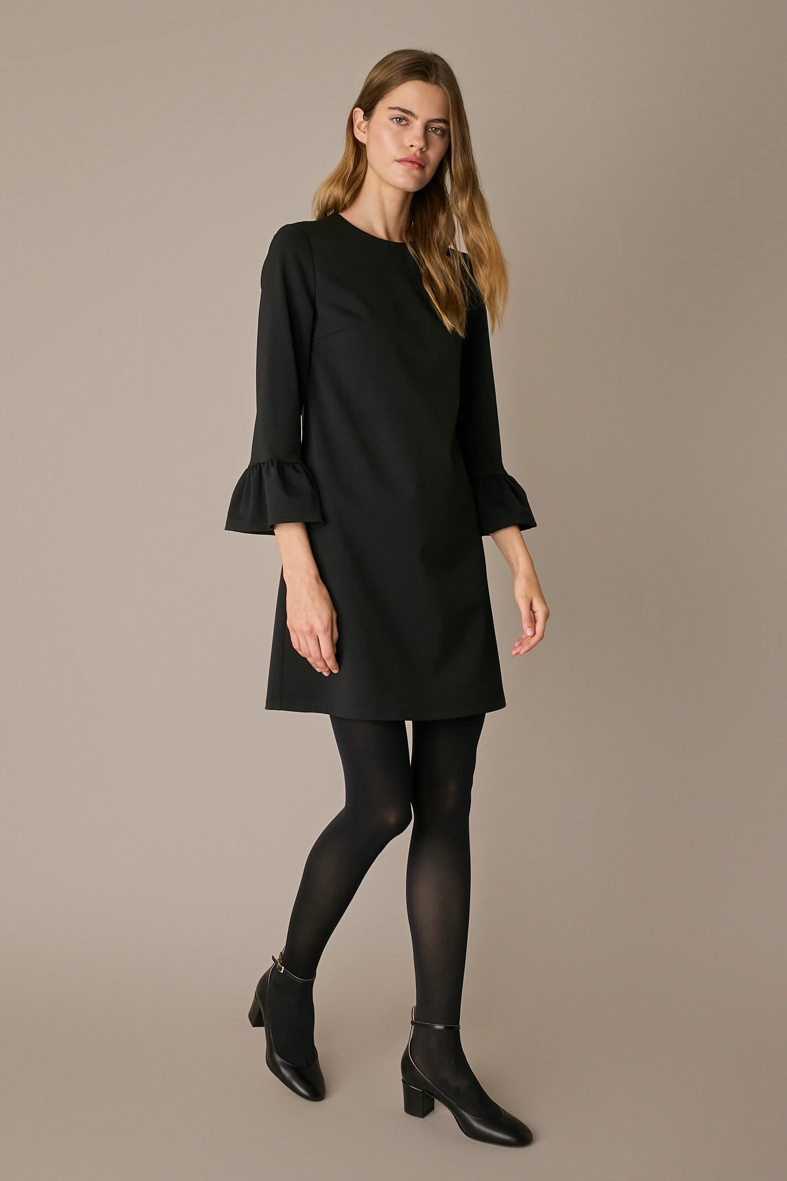 A-line wool blend dress with rouched sleeves