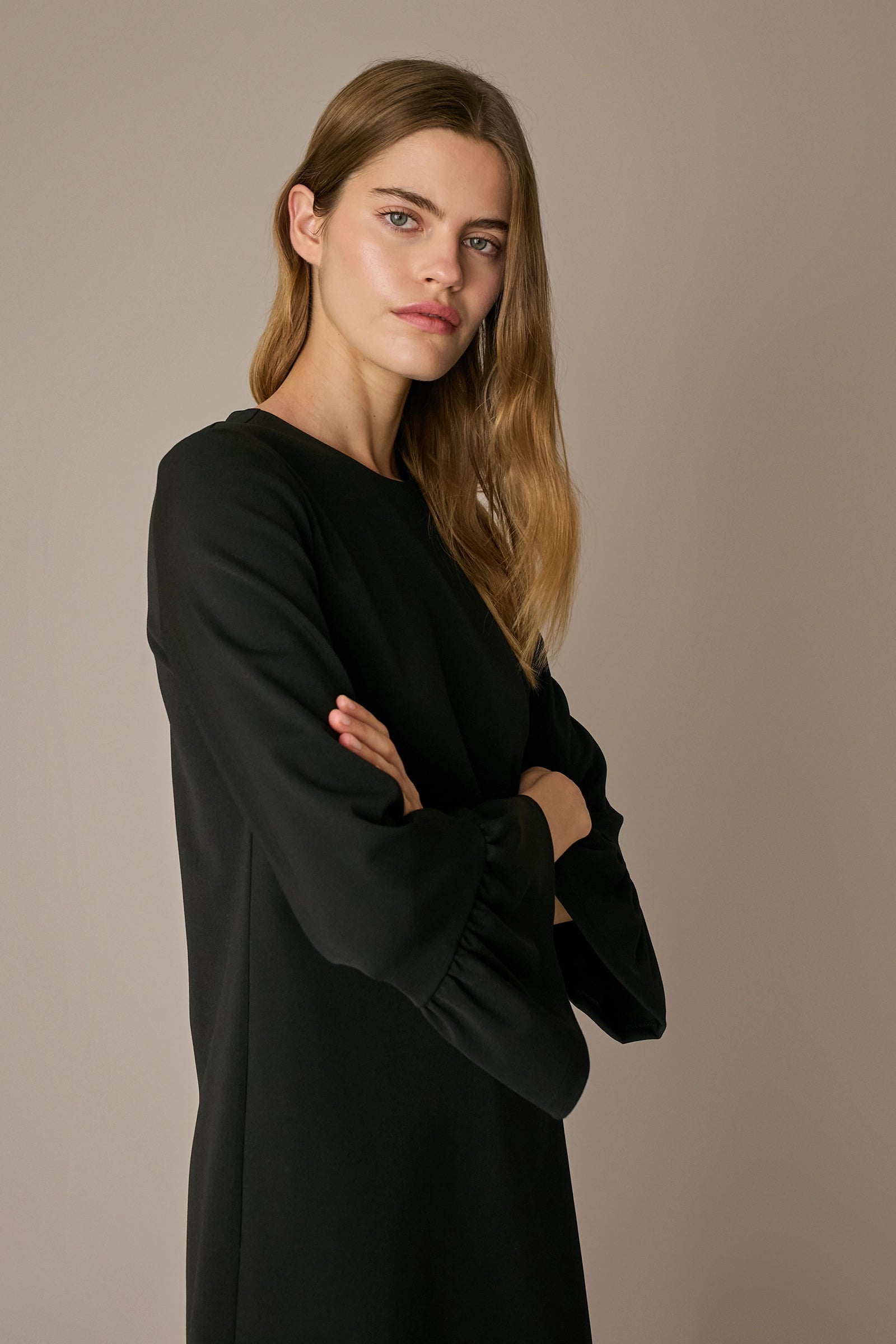 A-line wool blend dress with rouched sleeves