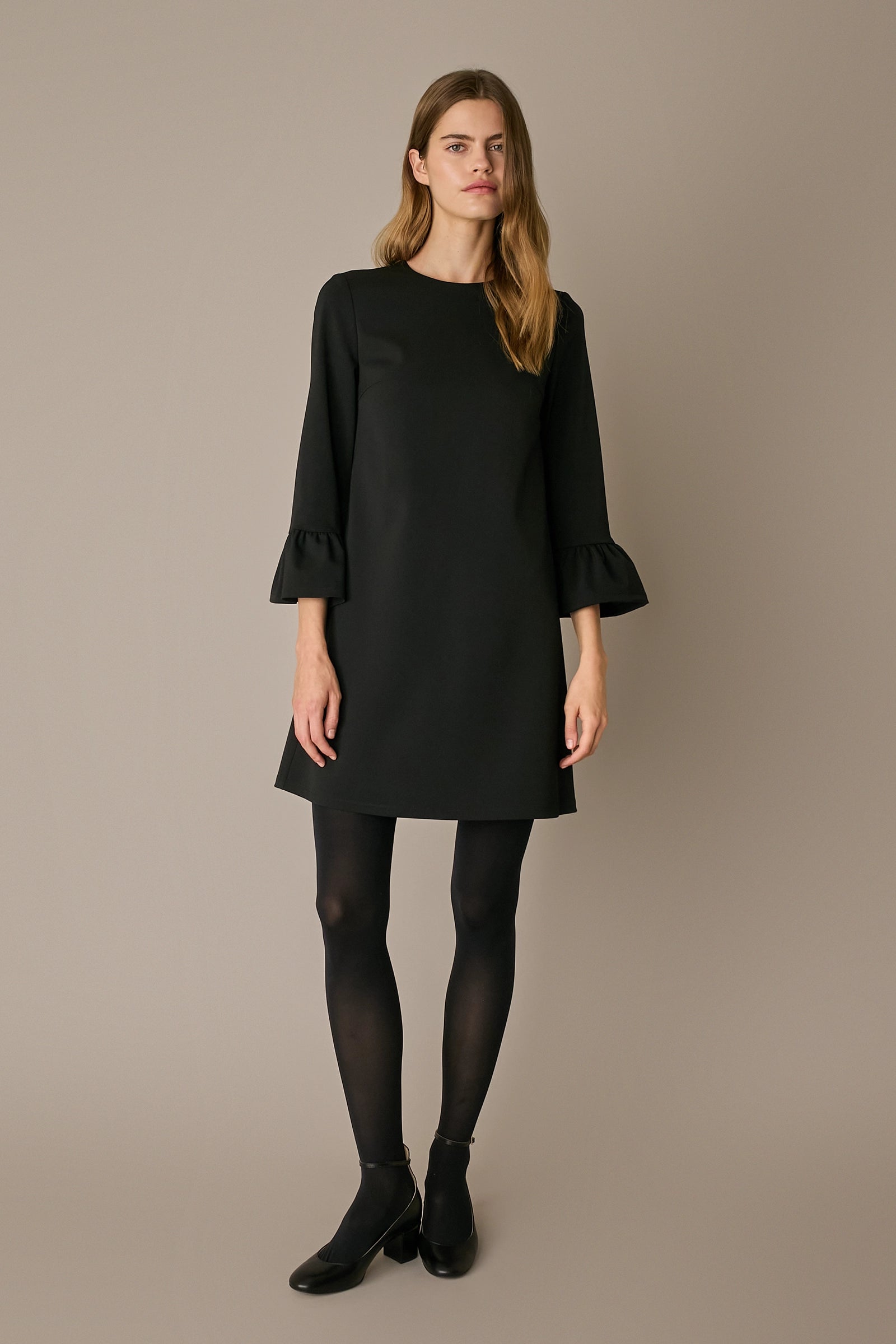 A-line wool blend dress with rouched sleeves
