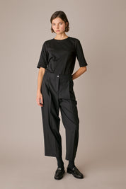 pantaloni in lana e cashmere con vita elastica, modello a gamba dritta, nero