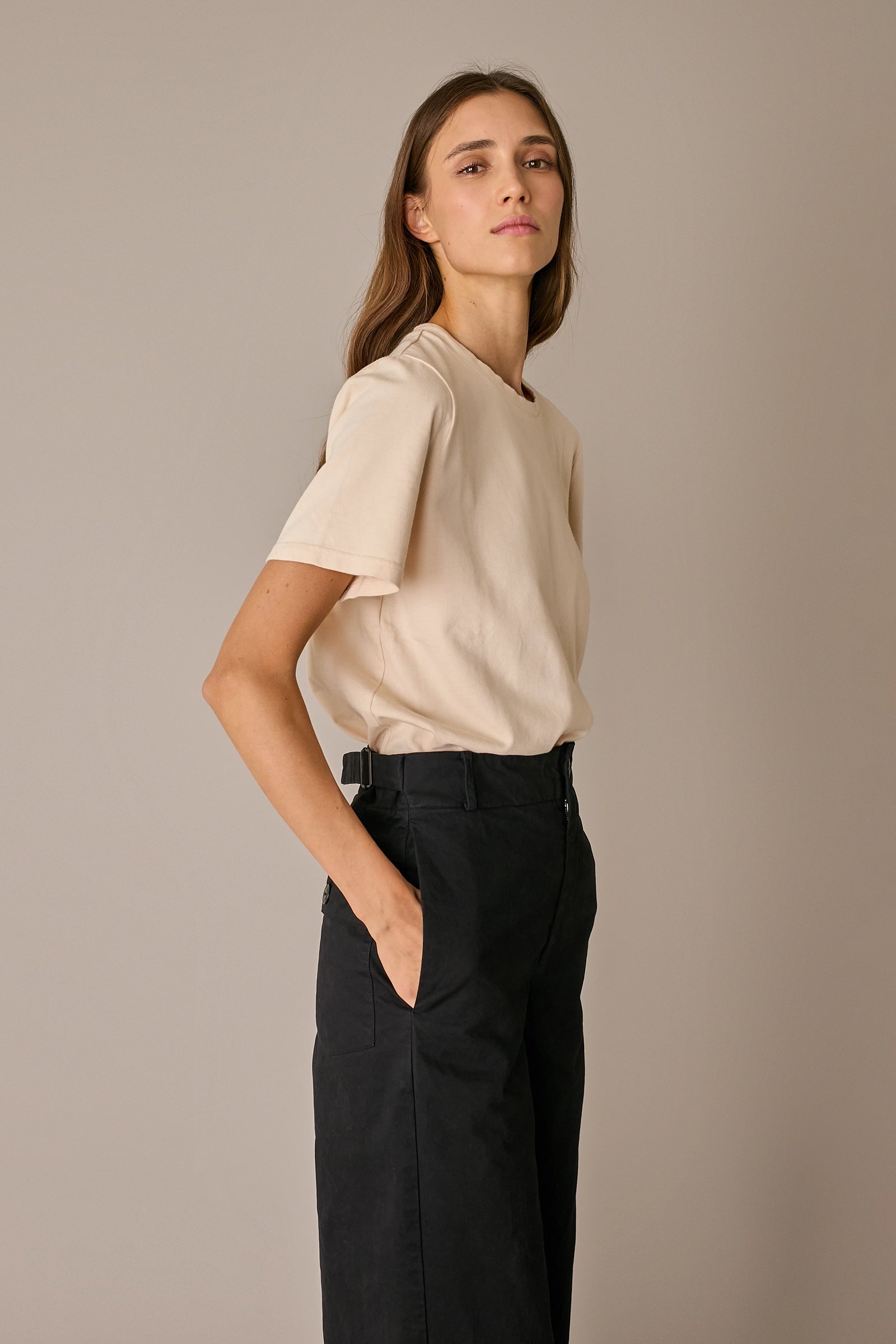 Cotton trousers with adjustable waist tabs