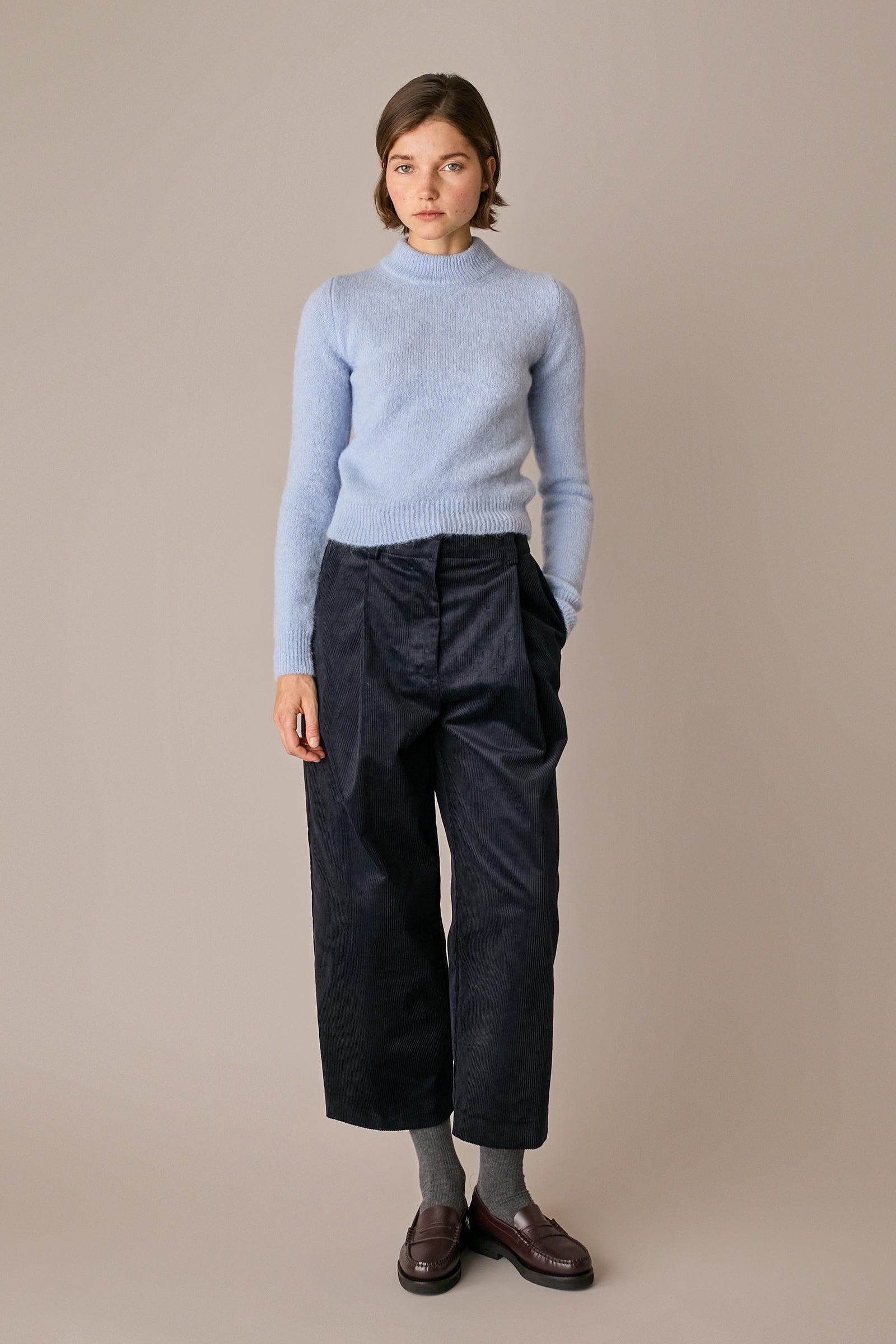 pantaloni wide-leg in velluto a coste blu navy, gamba ampia