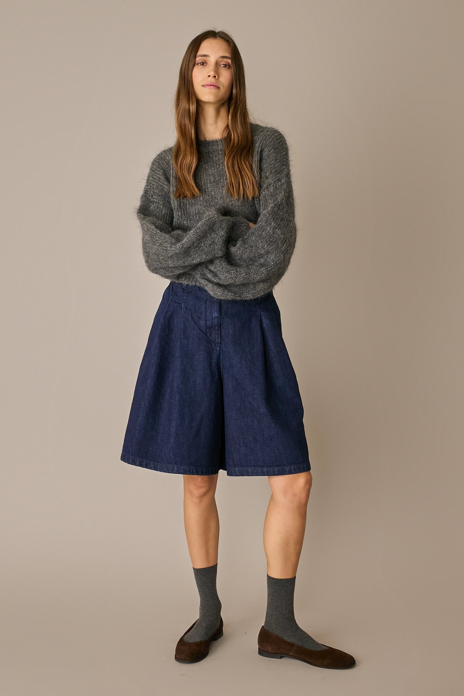Bermuda in denim con pinces