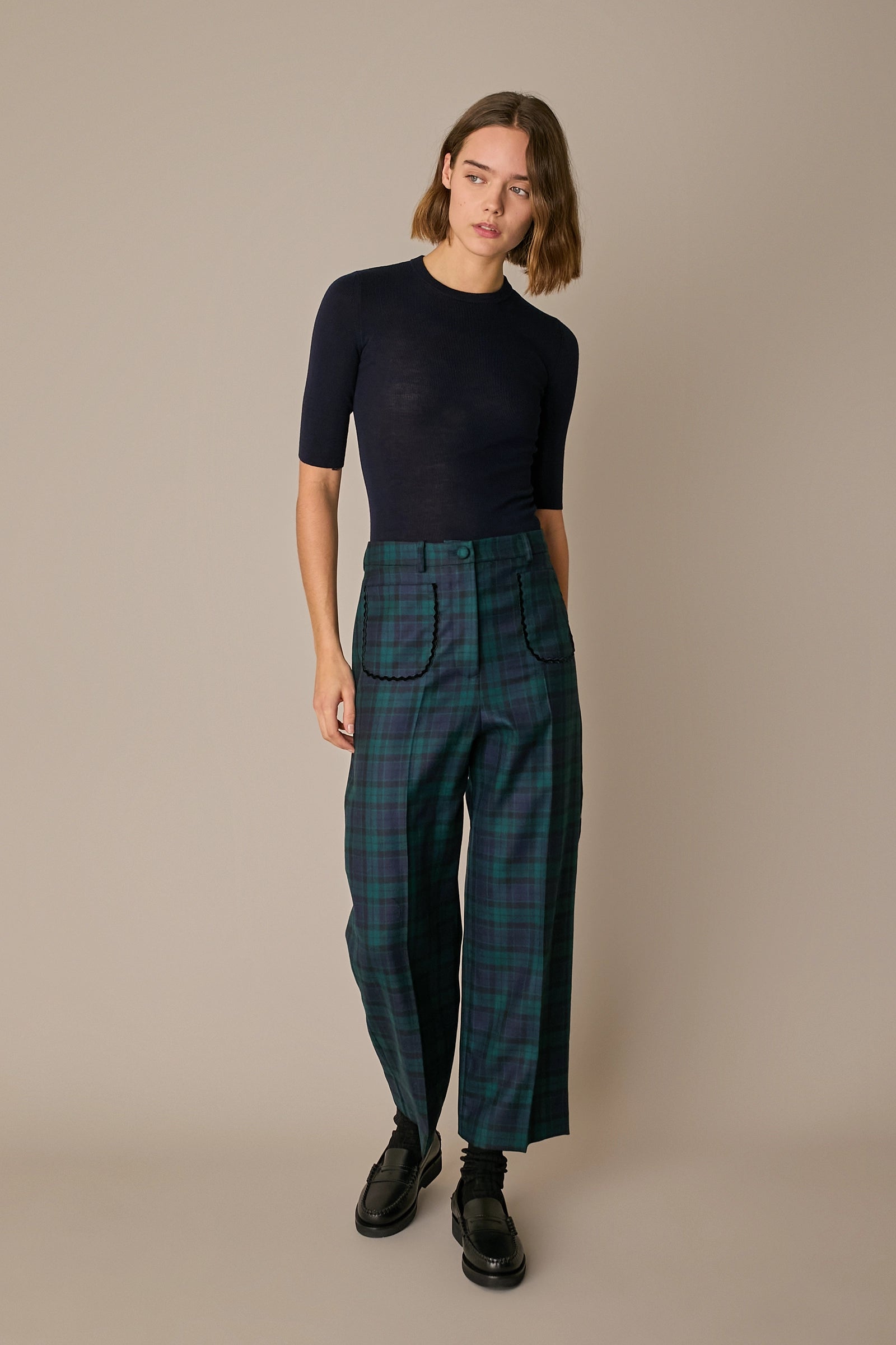 Tartan wool trousers with velvet trim