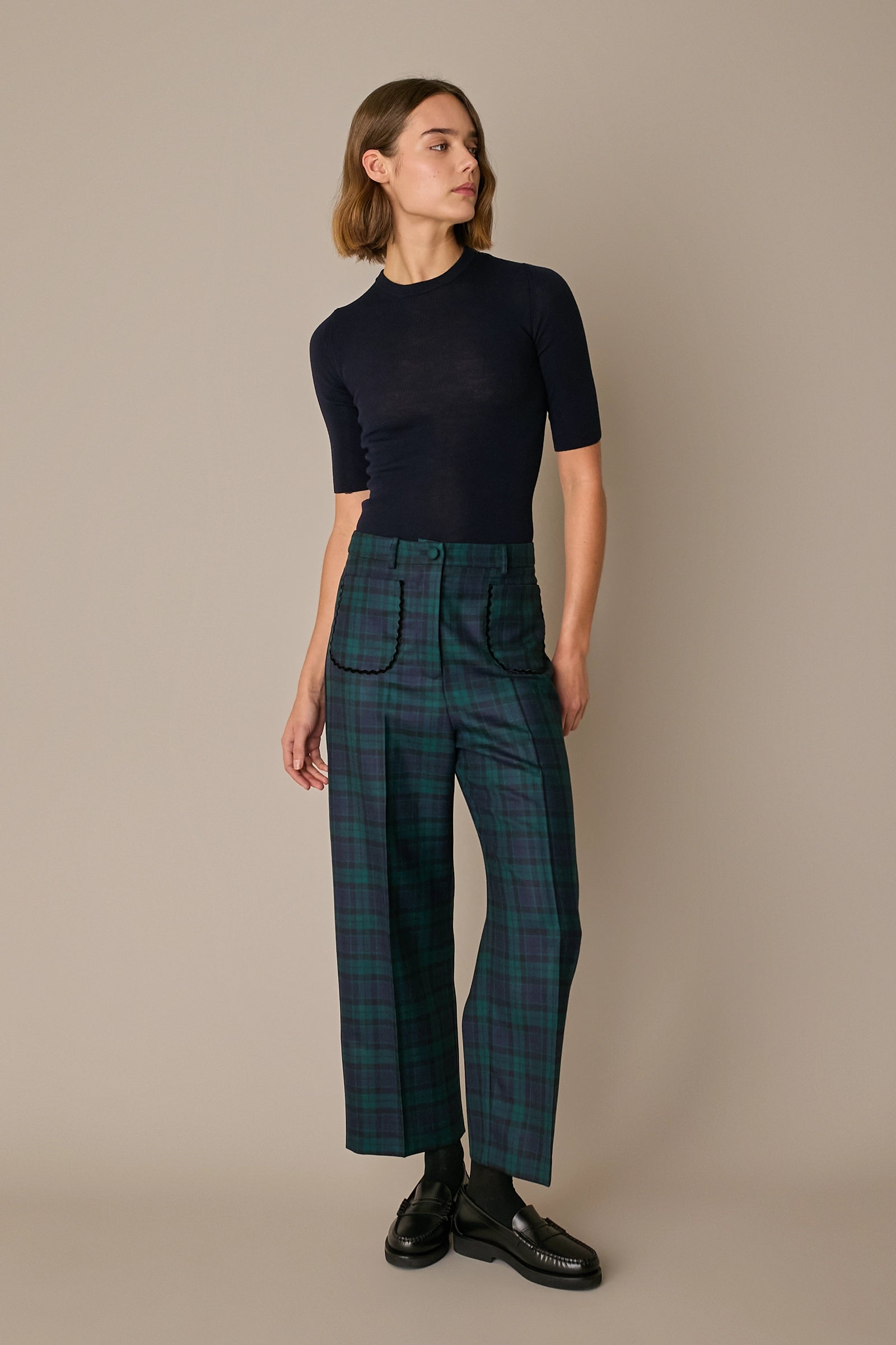 Tartan wool trousers with velvet trim