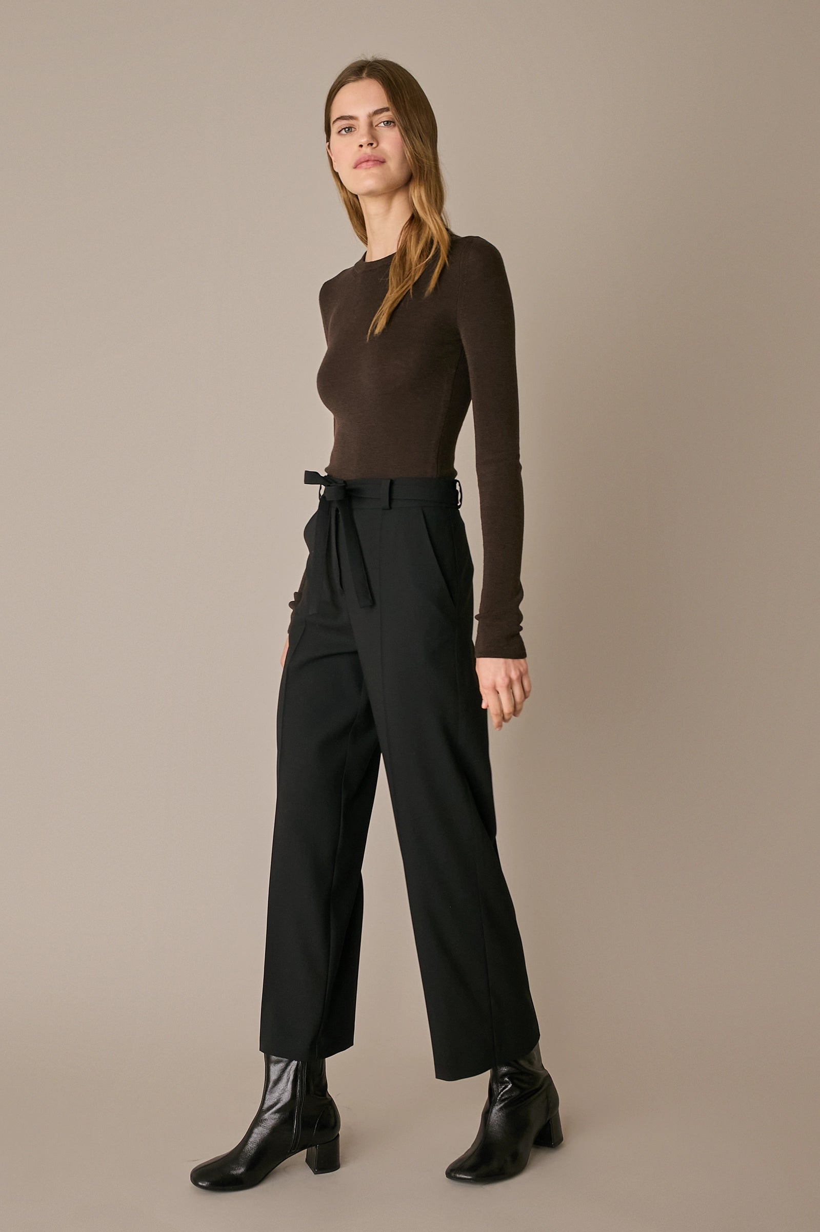 Stretch wool trousers with fabric belt