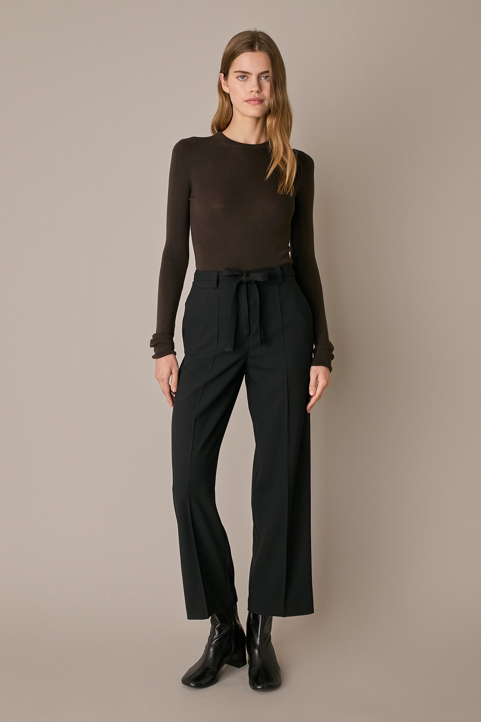 Stretch wool trousers with fabric belt