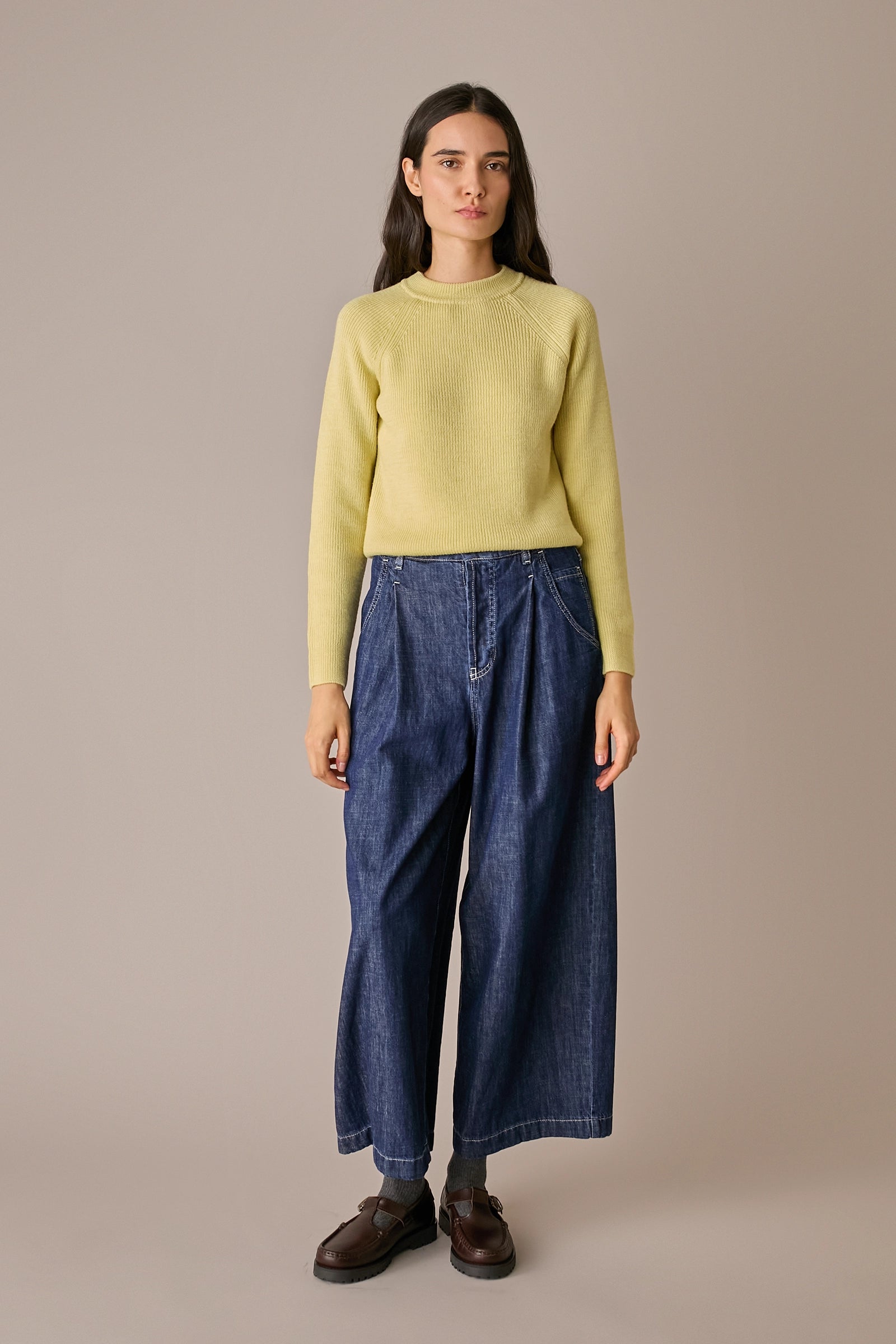 pantaloni balloon in denim – everyday wear denim blu, modello 5 tasche a gamba ampia