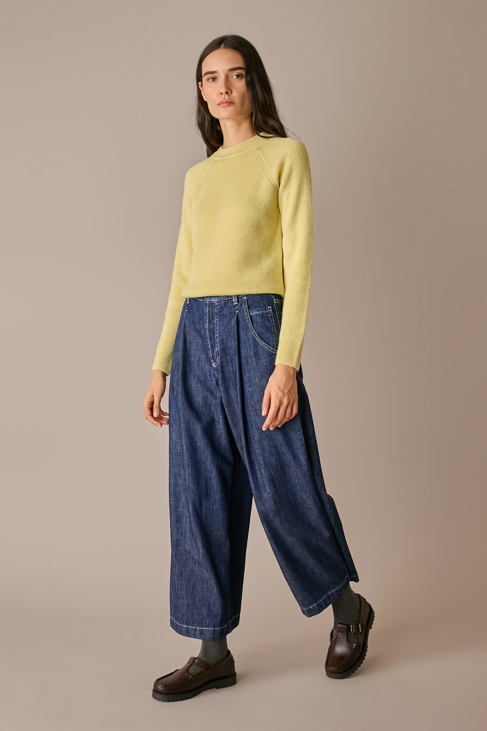 pantaloni balloon in denim – everyday wear, pinces frontali, denim blu