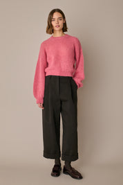Pantaloni in cotone e lino con risvolto