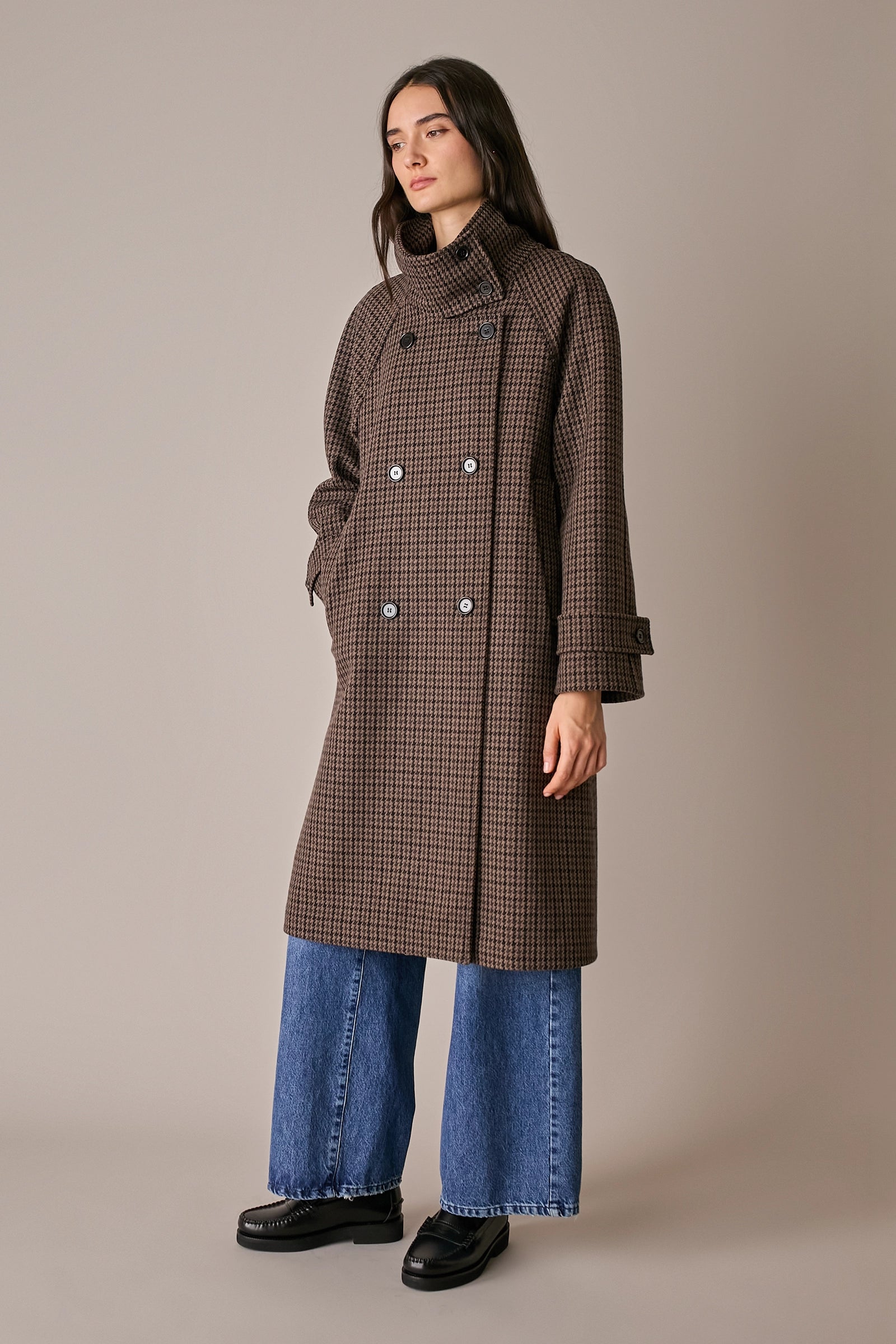 Houndstooth wool coat with funnel neck