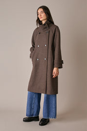 Houndstooth wool coat with funnel neck