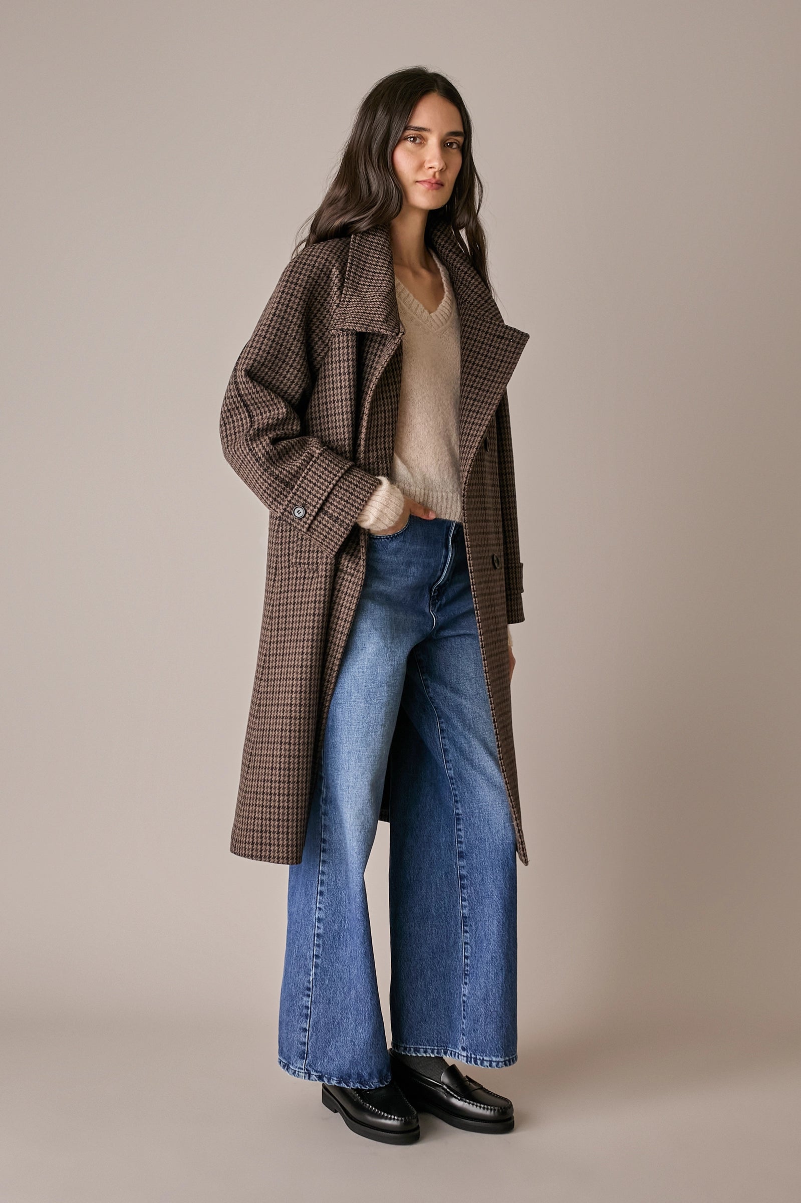 Houndstooth wool coat with funnel neck