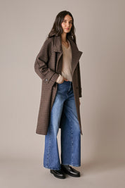 Houndstooth wool coat with funnel neck