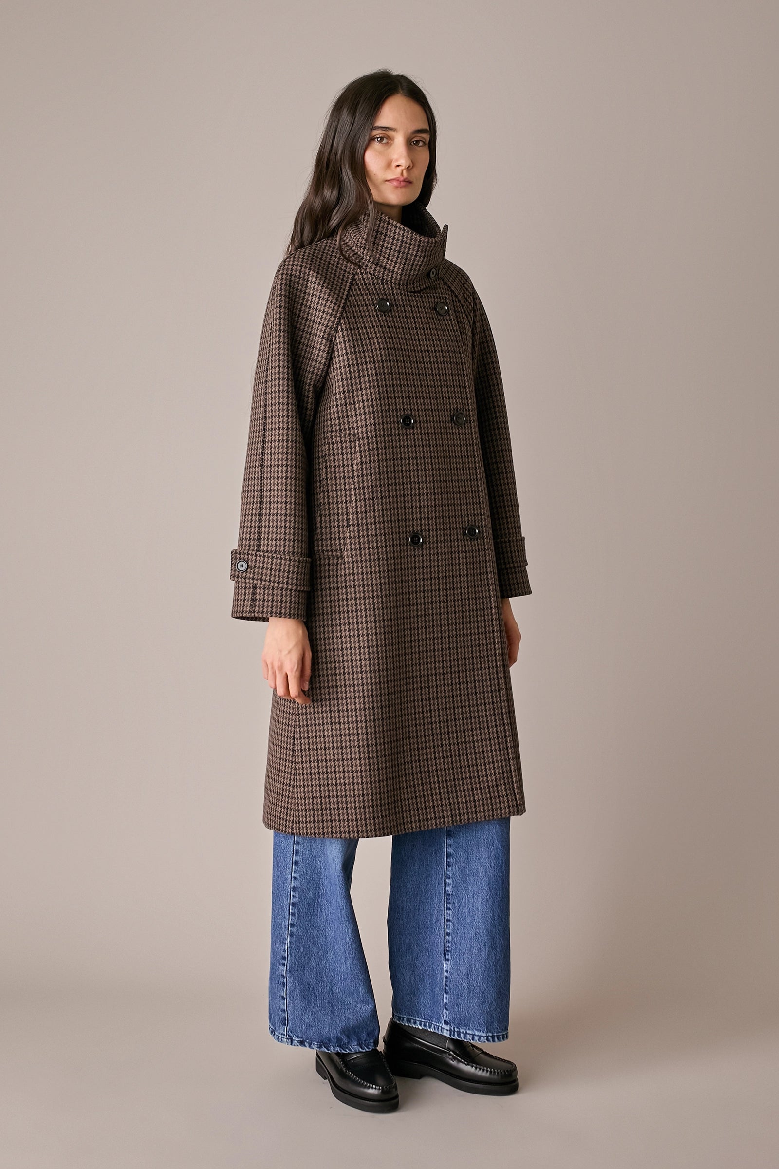 Houndstooth wool coat with funnel neck
