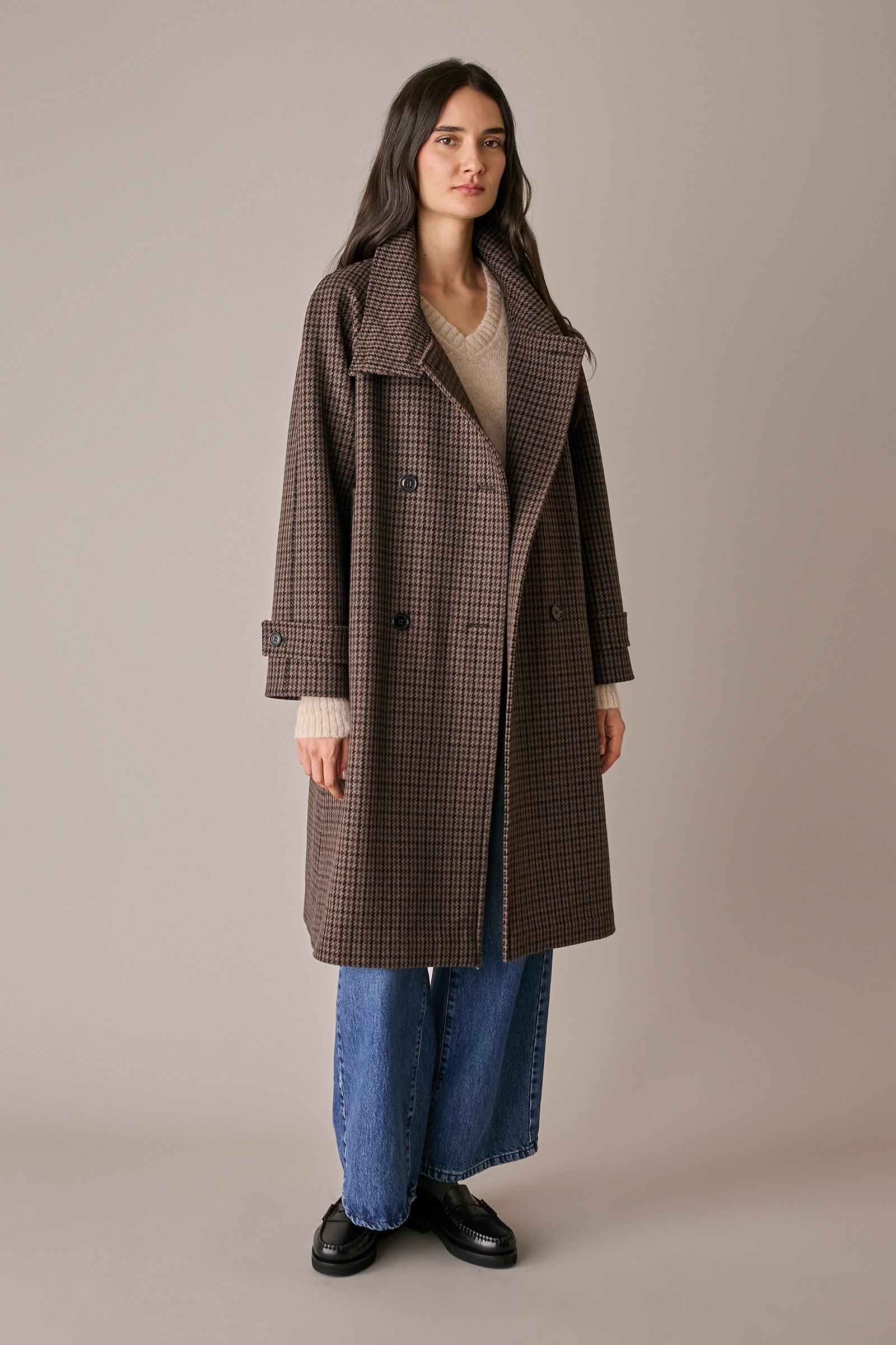Houndstooth wool coat with funnel neck