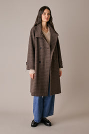 Houndstooth wool coat with funnel neck