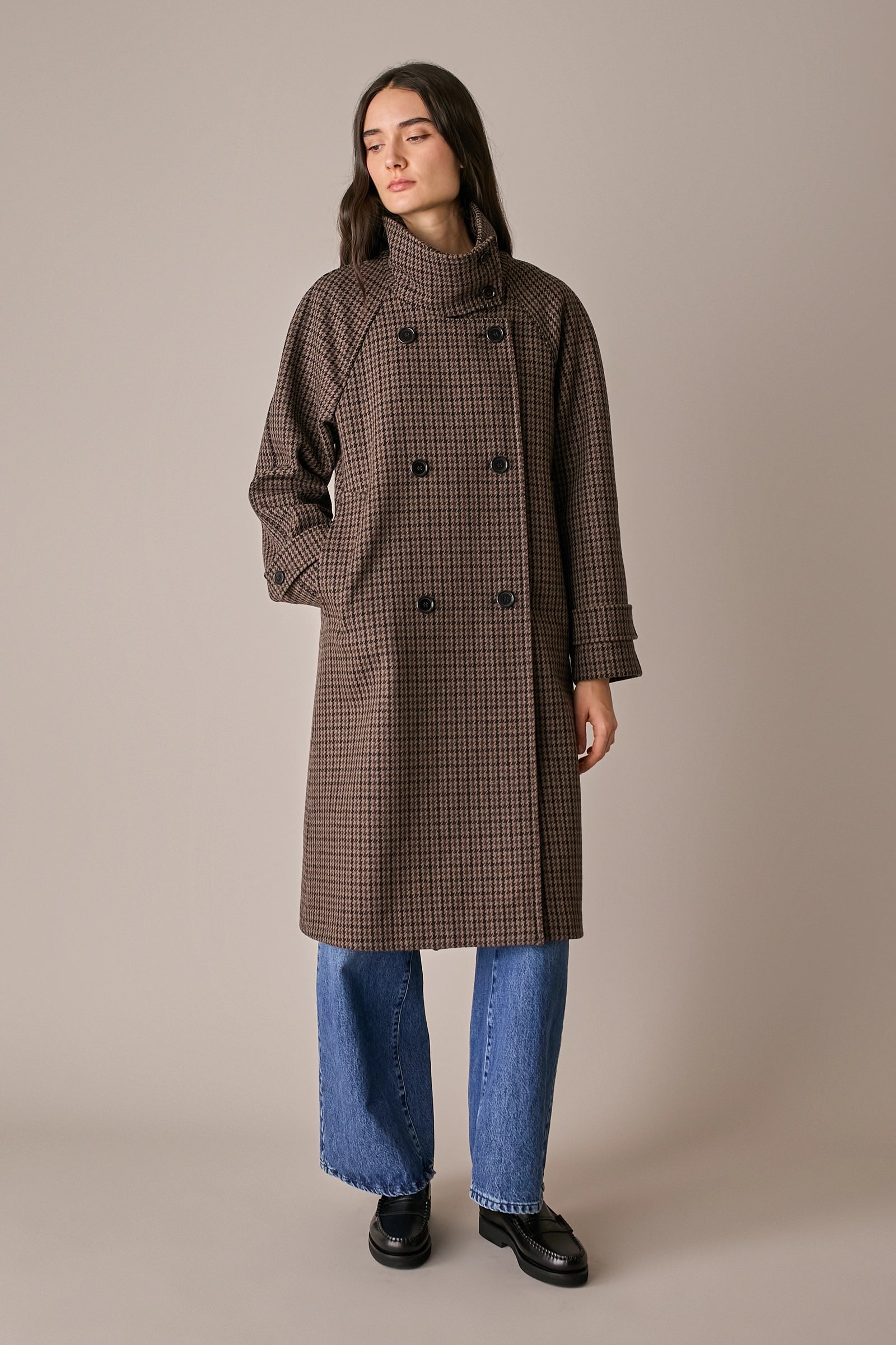 Houndstooth wool coat with funnel neck