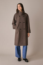 Houndstooth wool coat with funnel neck