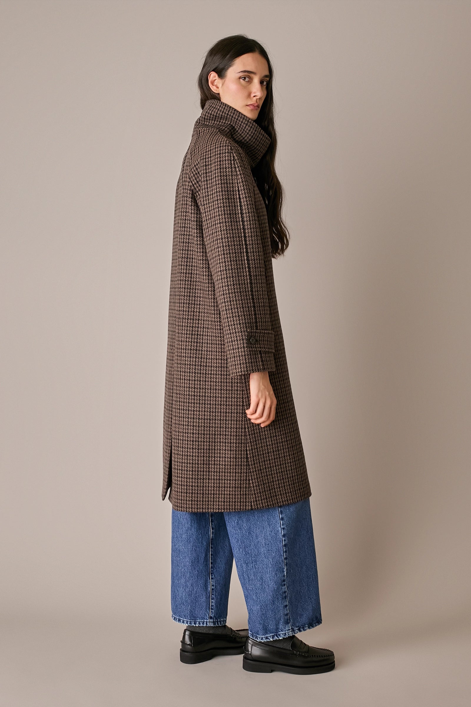 Houndstooth wool coat with funnel neck