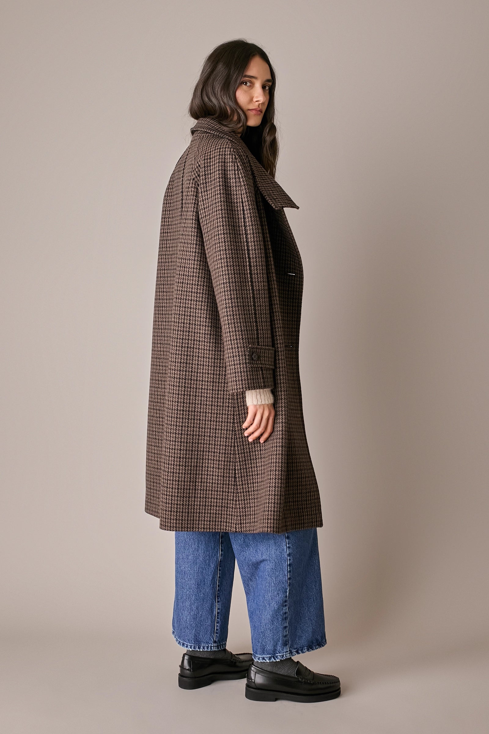 Houndstooth wool coat with funnel neck