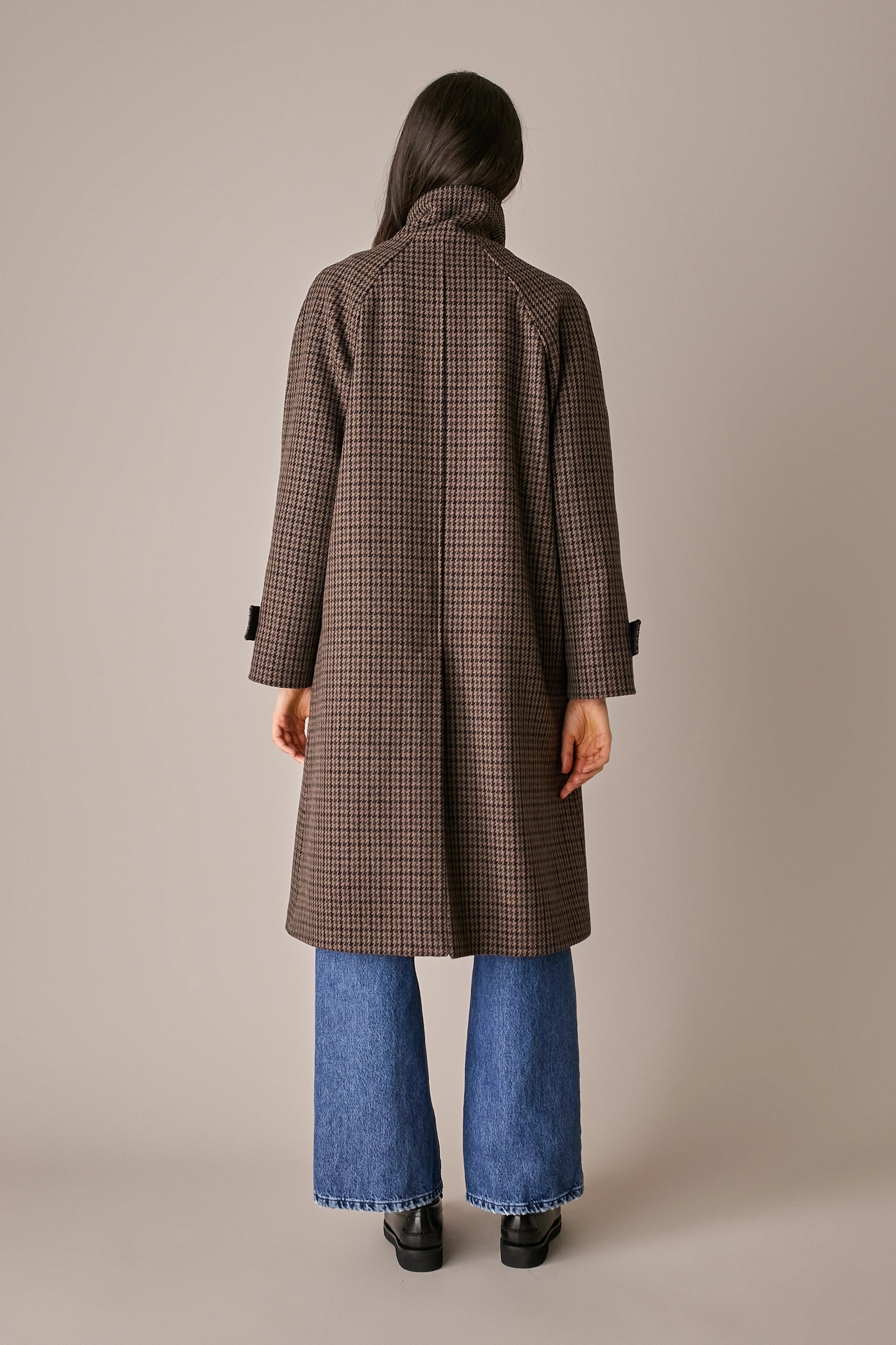 Houndstooth wool coat with funnel neck