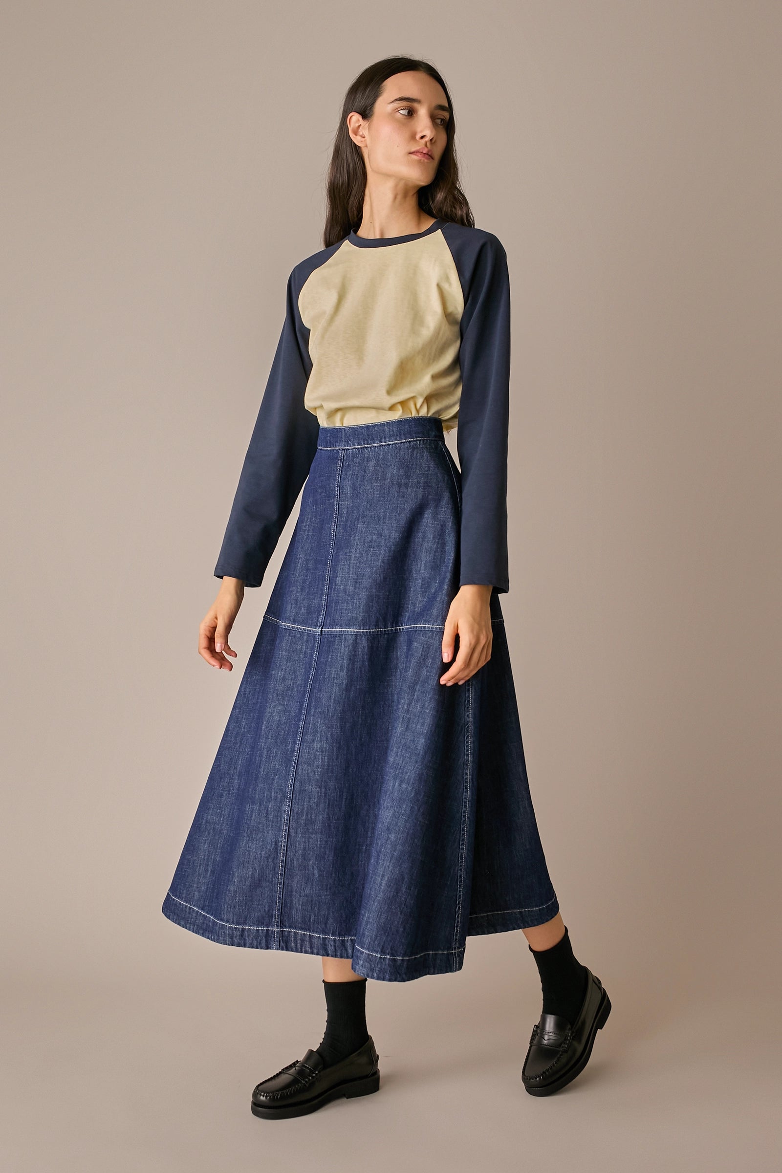 gonna lunga in denim denim blu, modello svasato a pannelli