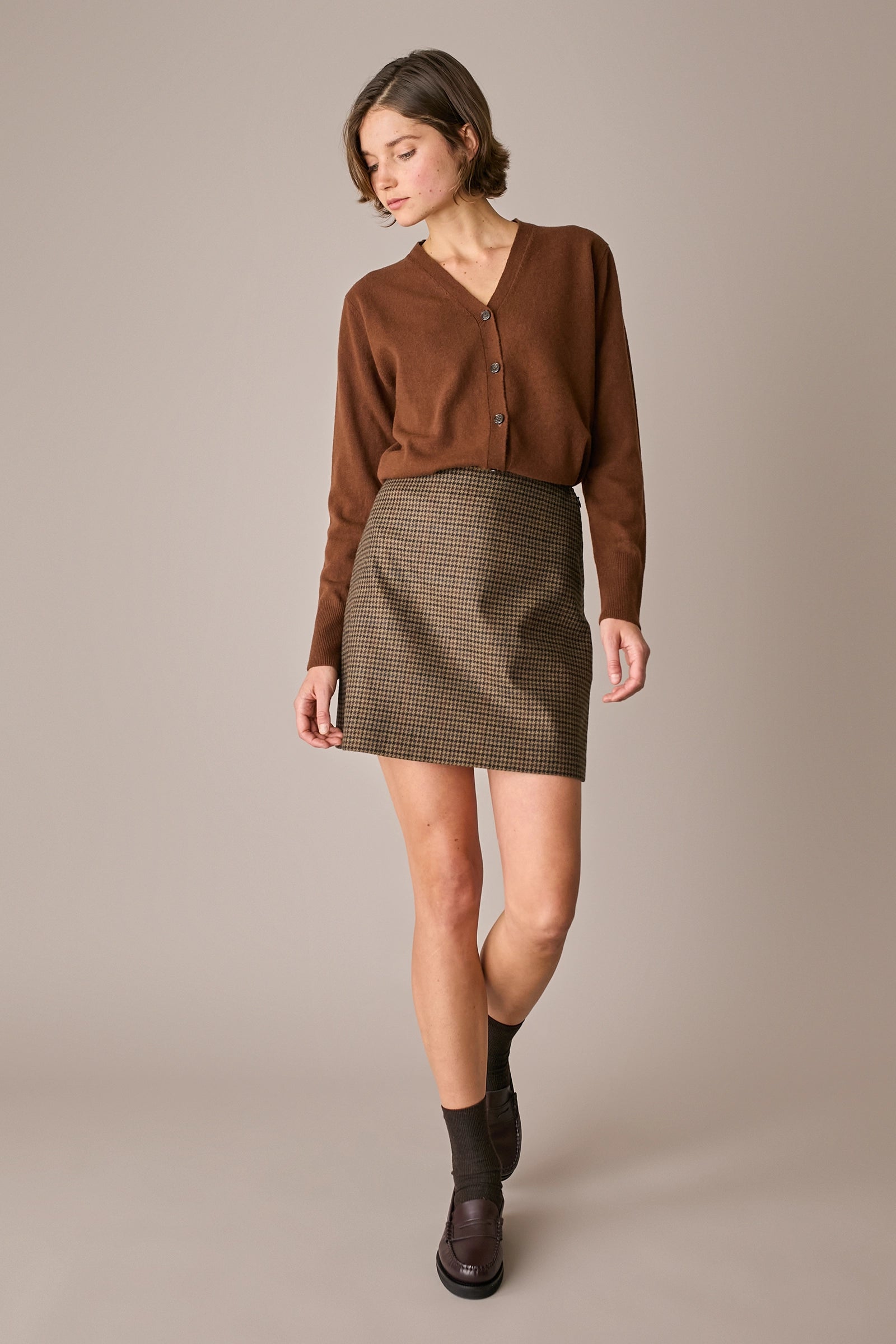 gonna corta pied-de-poule pied de poule marrone, chiusura con zip laterale
