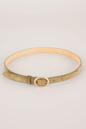 Thin leather belt with gold oval buckle