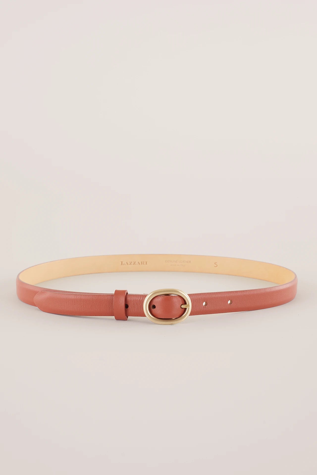 Thin leather belt with gold oval buckle