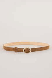 Thin leather belt with gold oval buckle