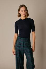 Tartan wool trousers with velvet trim