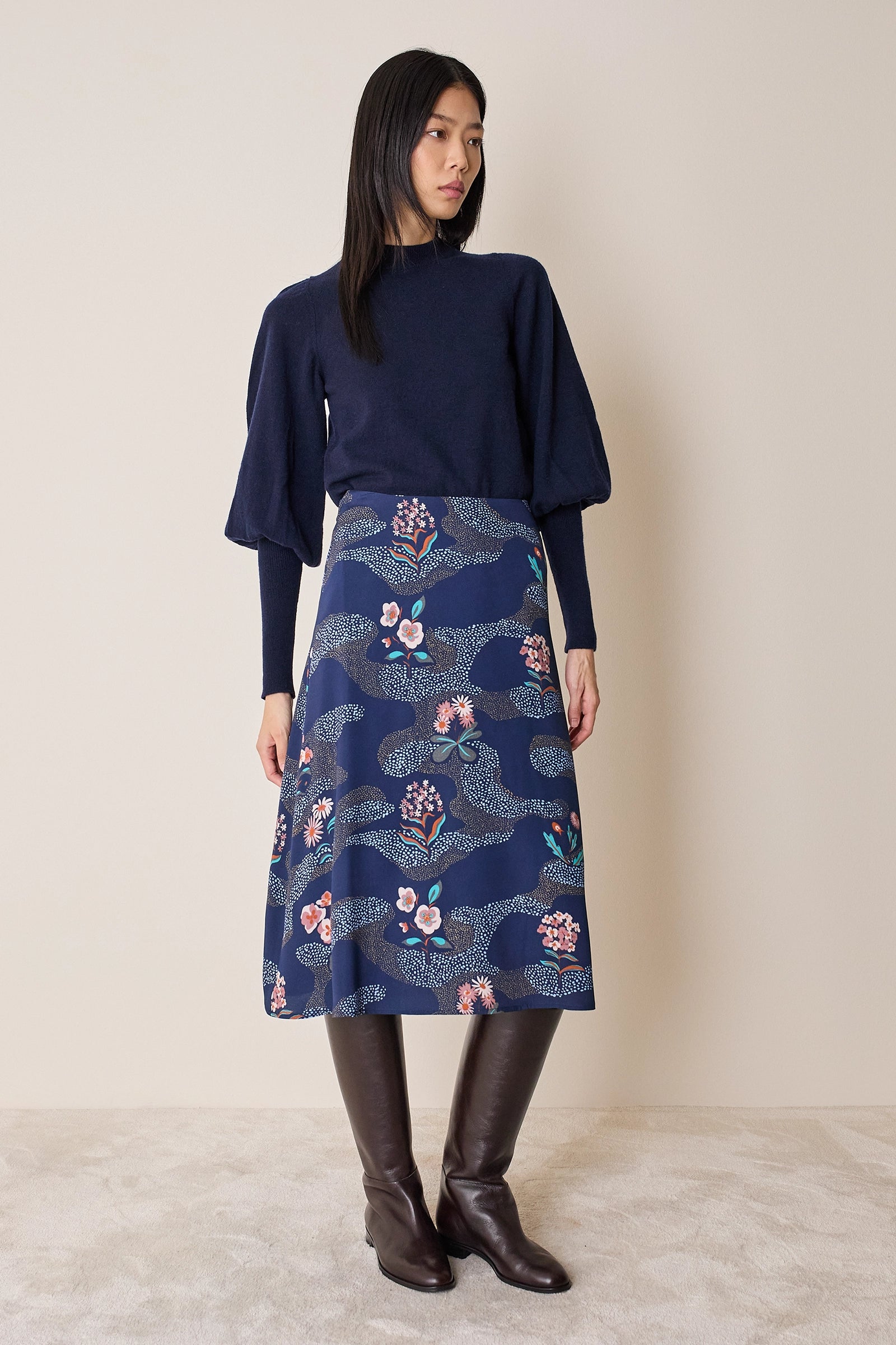 Wool and cashmere crewneck sweater with puff sleeves