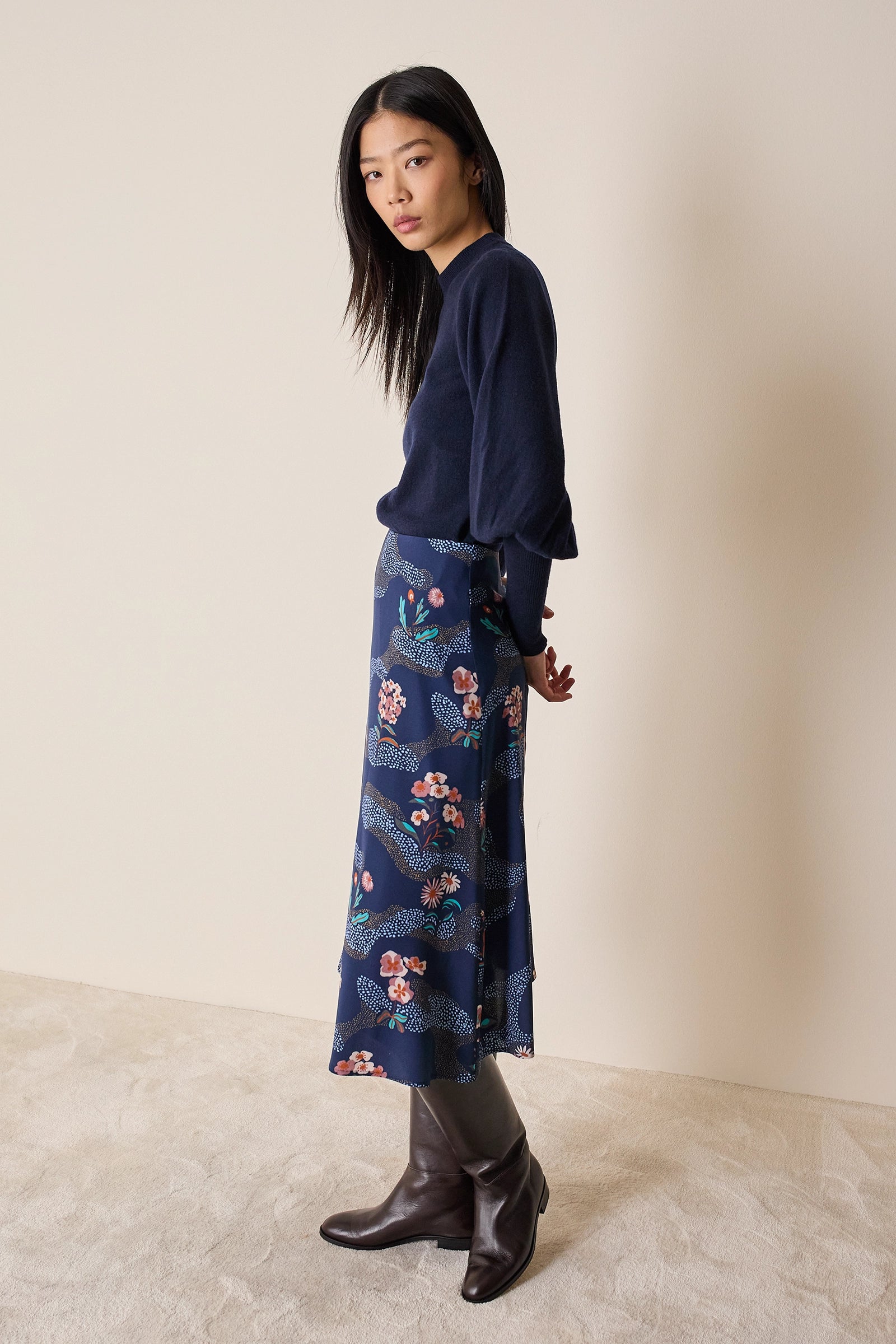 Wool and cashmere crewneck sweater with puff sleeves