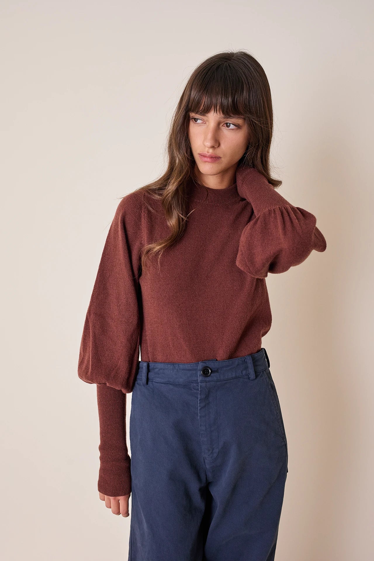 Wool and cashmere crewneck sweater with puff sleeves