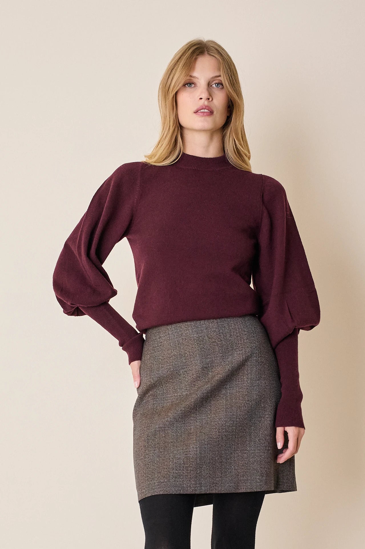 Wool and cashmere crewneck sweater with puff sleeves