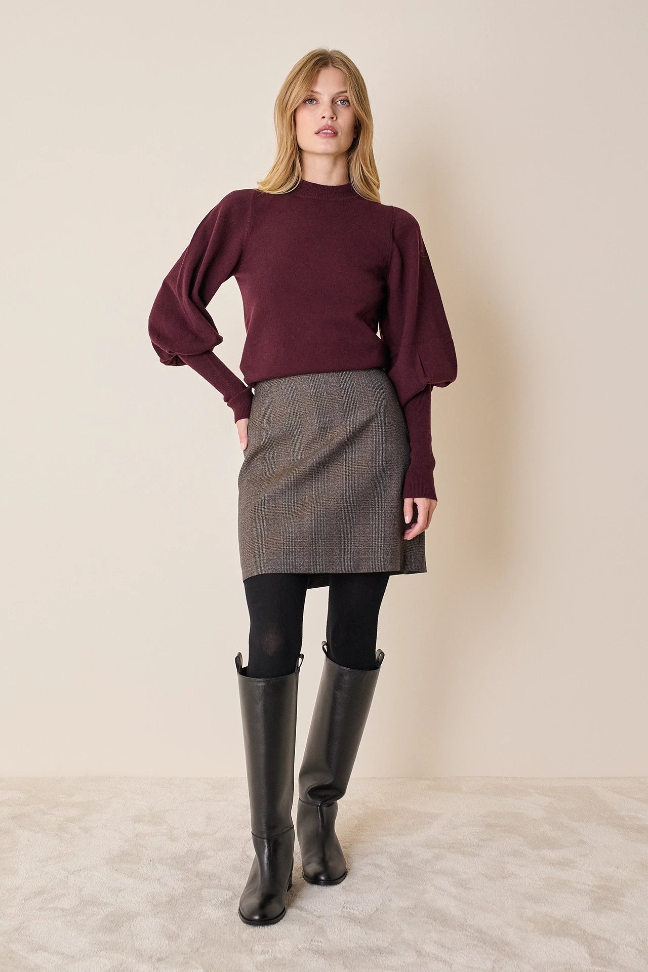 Wool and cashmere crewneck sweater with puff sleeves