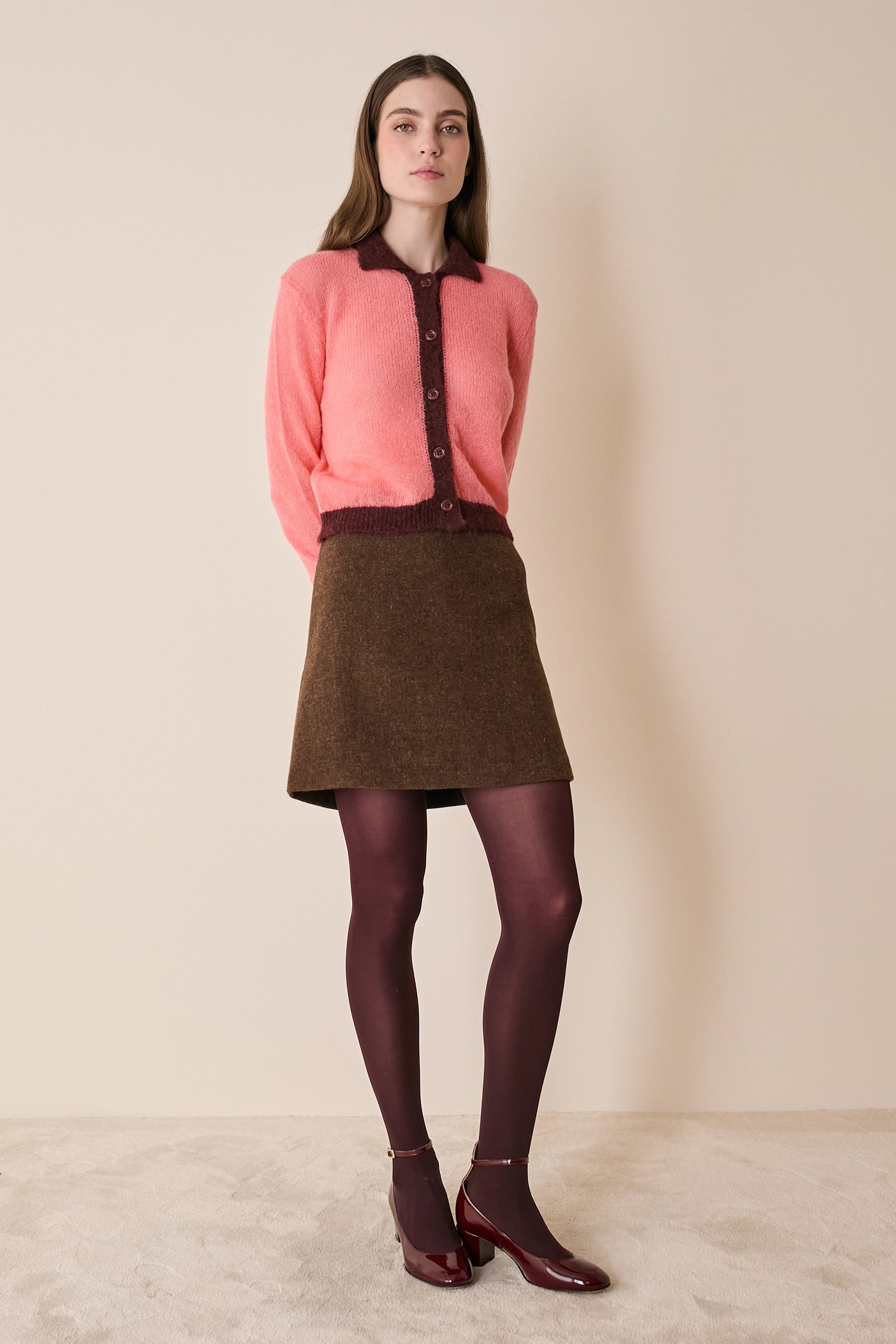 Cardigan in maglia di mohair con profili a contrasto