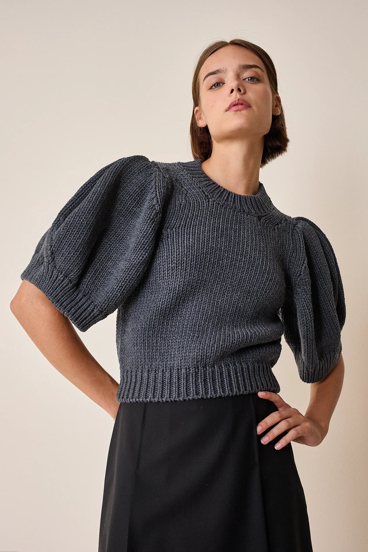 Merino wool sweater with puff sleeves