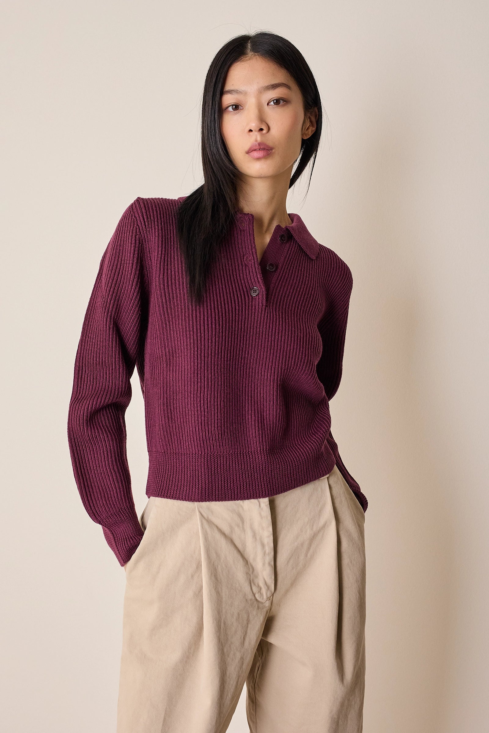 Ribbed virgin wool polo sweater
