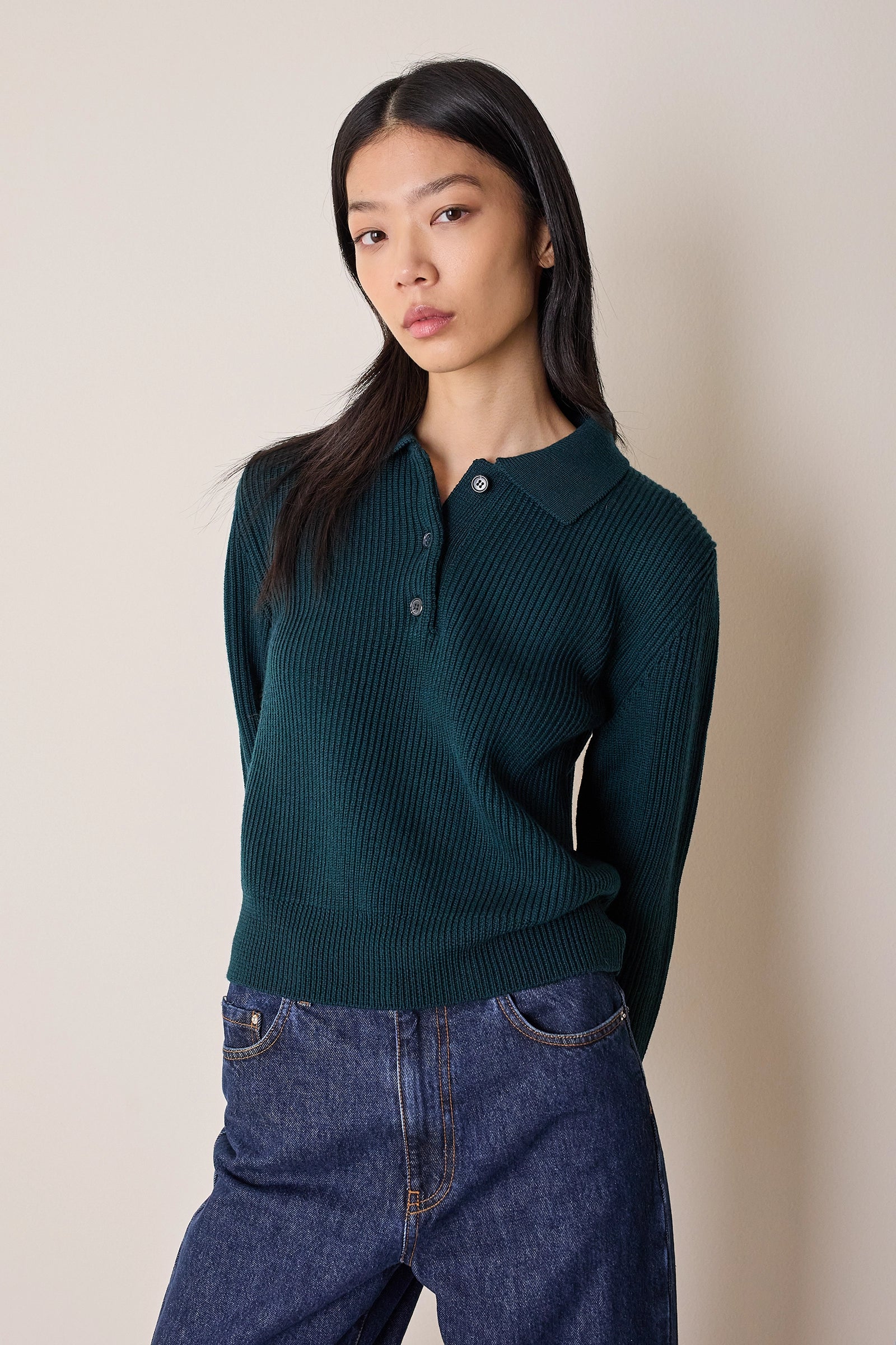 Ribbed virgin wool polo sweater