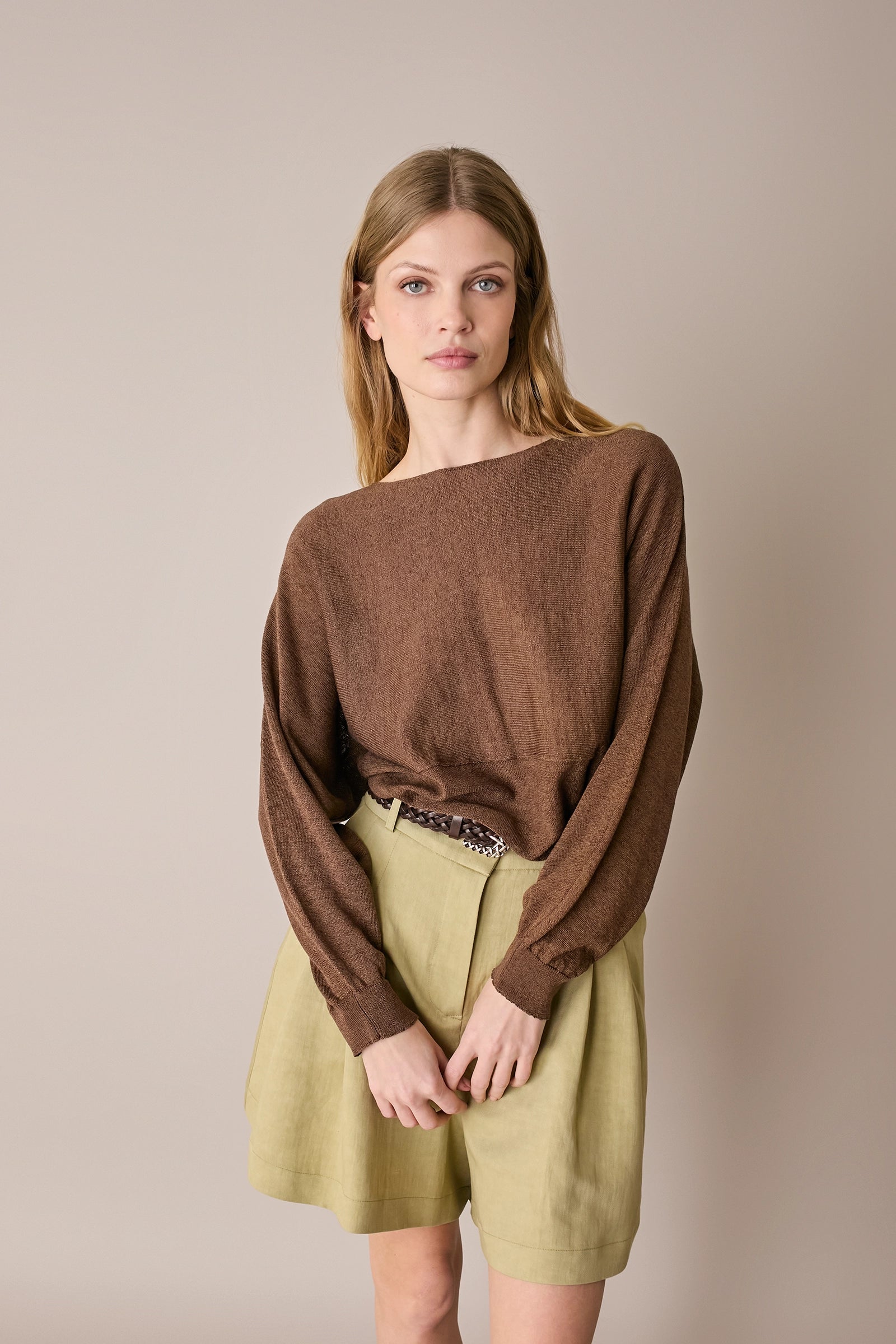 Linen-blend drop-shoulder top