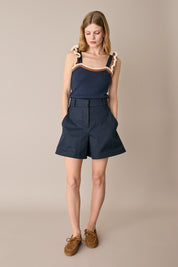 Knit top with ruffle straps